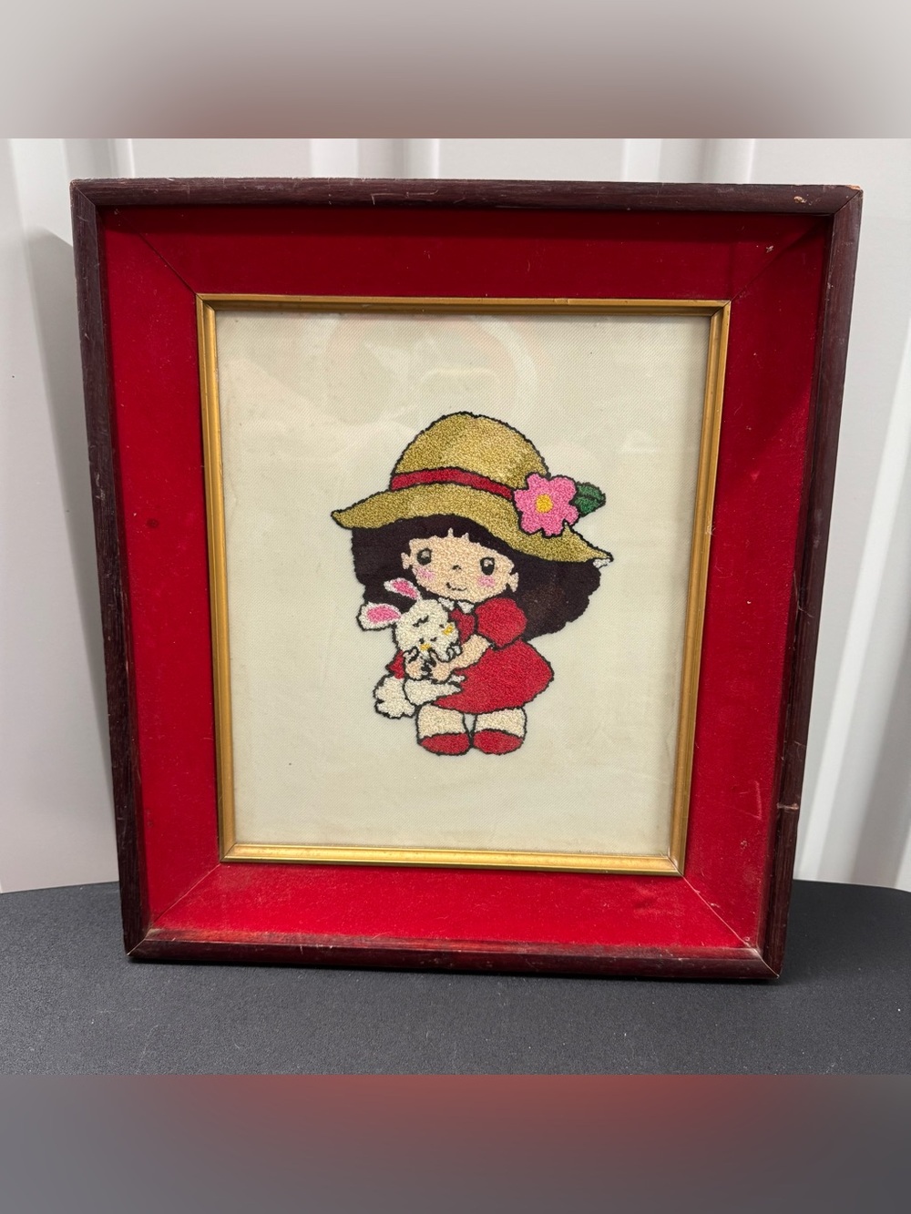 Framed Punch Needle Embroidery Girl with Bunny Red Velvet Frame